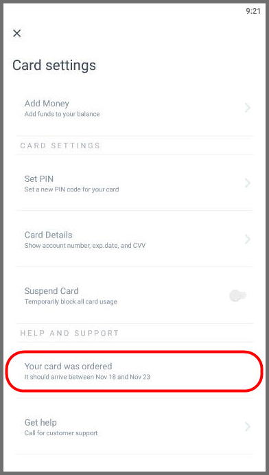 You'll be redirected to the Settings page where you can Add Money, Set PIN, see Card Details
