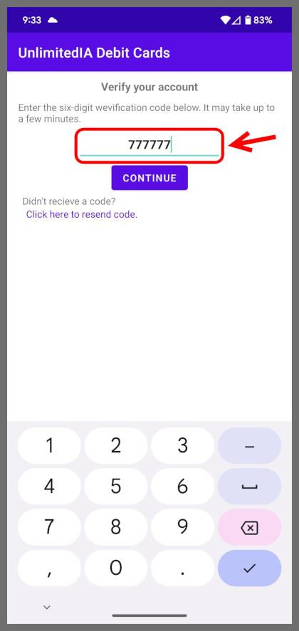 UnlimitedIA Debit Card app enter verification code