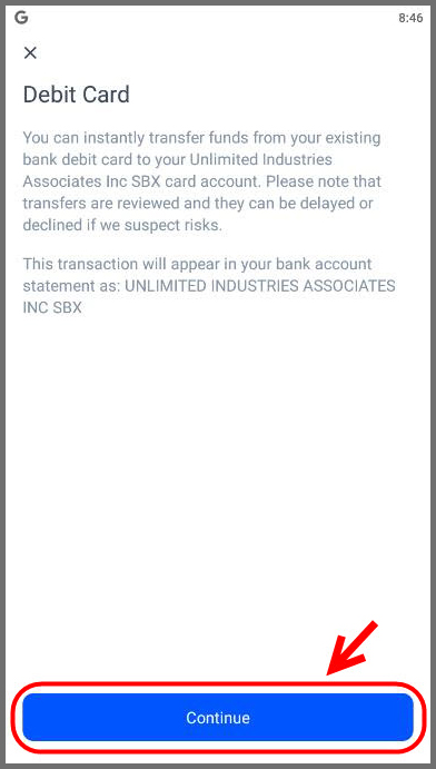 Debit Card information and click continue button