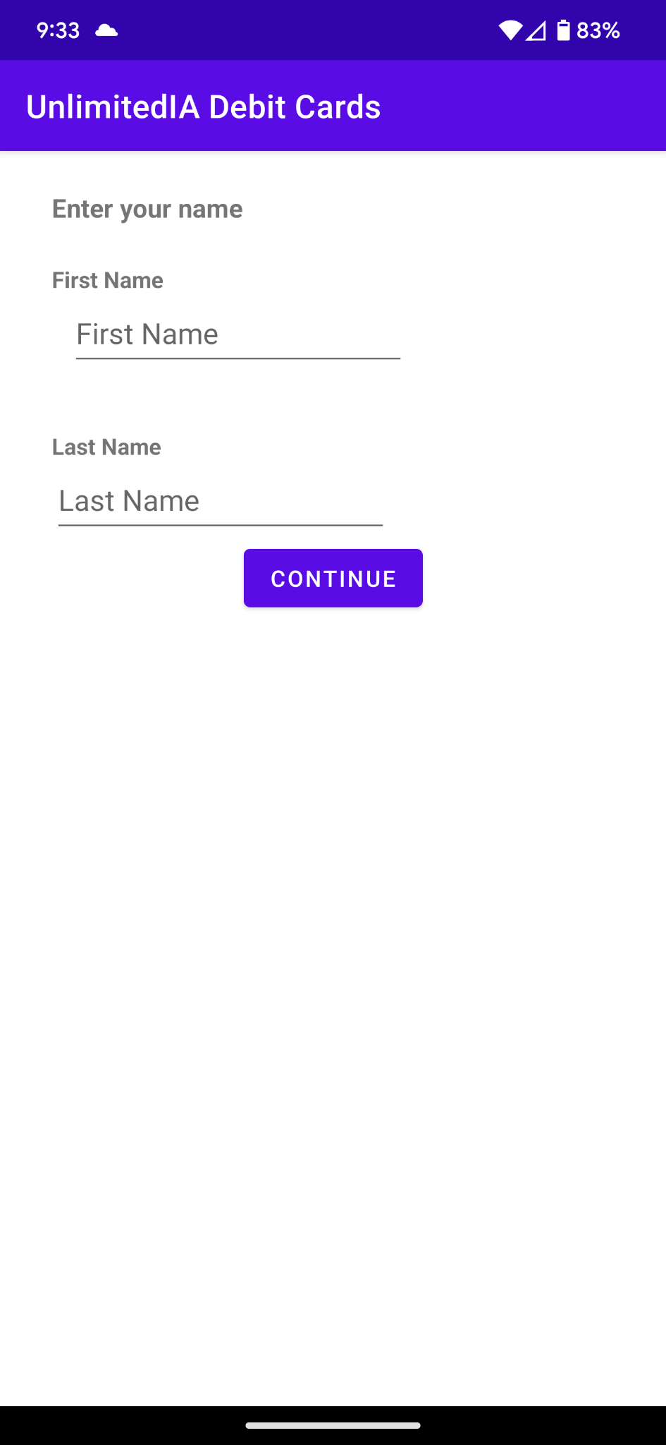 First and Last Name screen