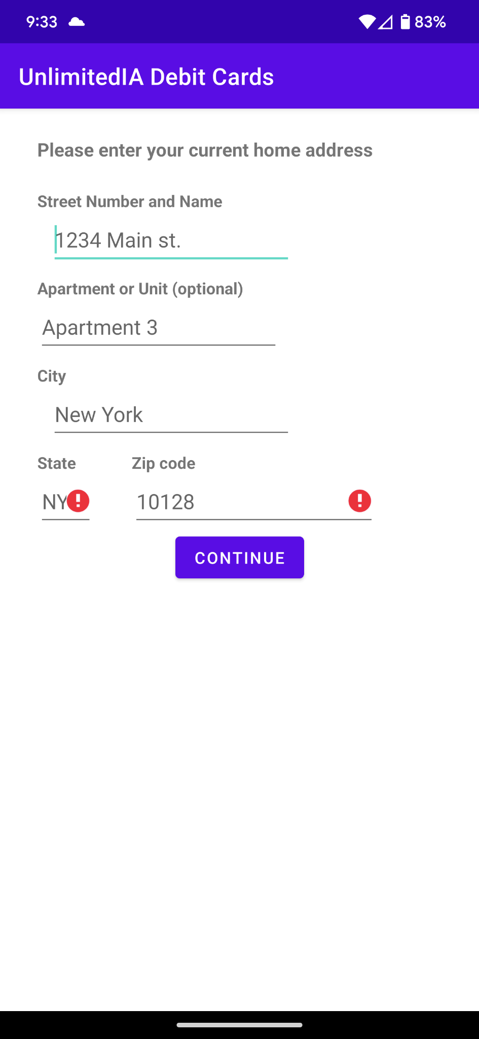Enter Address screen